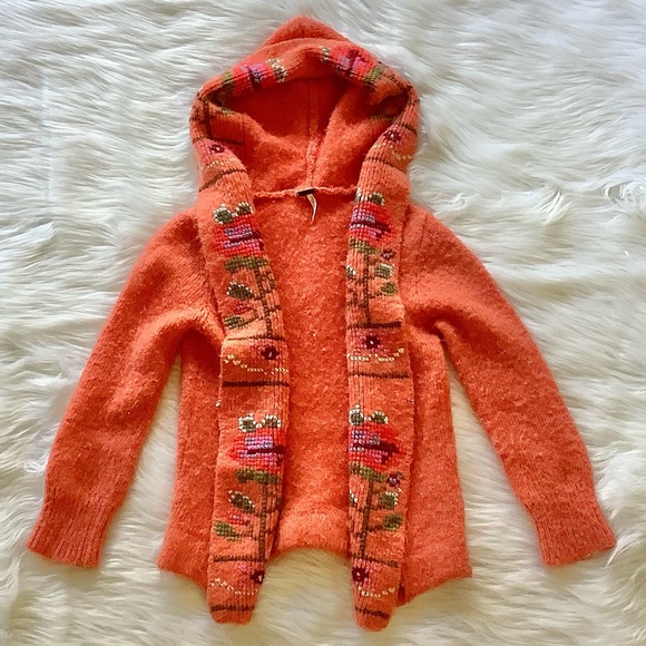 Free People Orange Hooded Cross Stitch Open Front Sweater - Picture 1 of 7